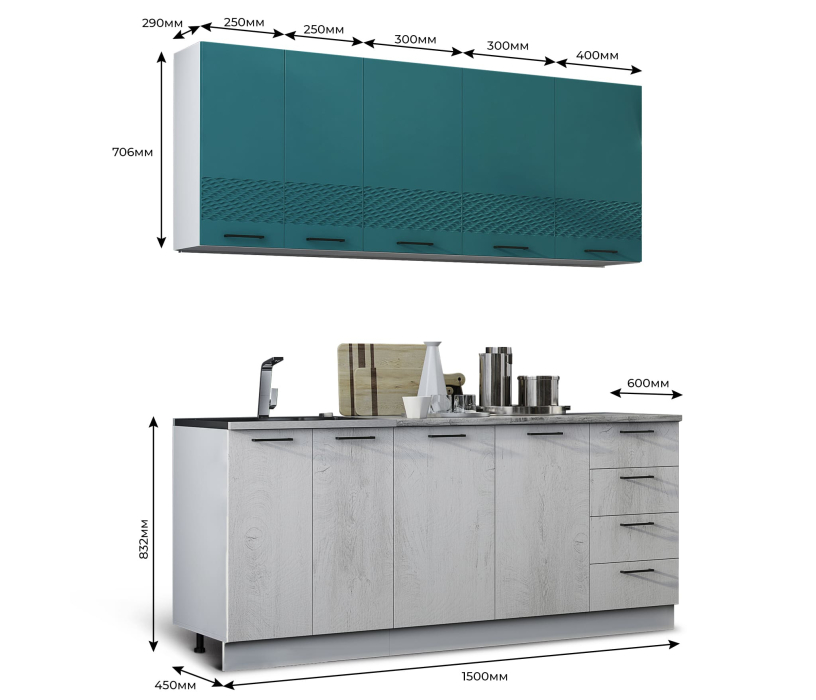 Кухонные гарнитуры, Кухня Лагуна 1,5 м К2 Морская волна/Дуб седой МДФ