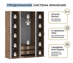 Шкаф четырехдверный Макс 2000 мм, вариант №1 (ЛДСП, корпус дуб вотан)