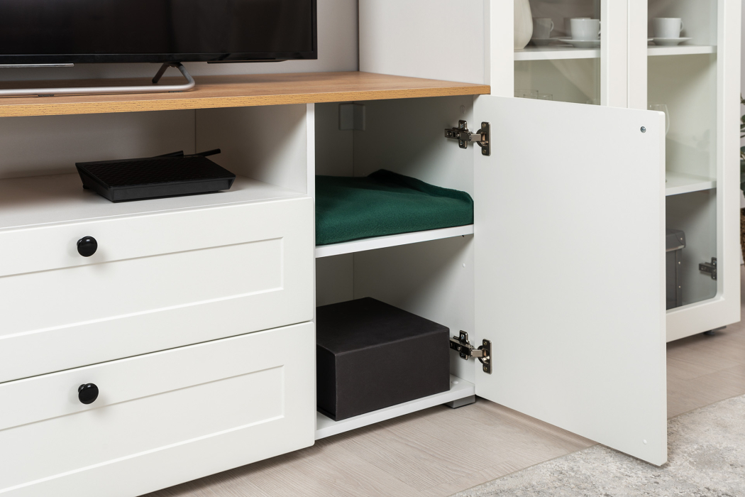 ТВ-тумбы, Тумба под ТВ Остин 16.47, белая шагрень, дуб золотой крафт